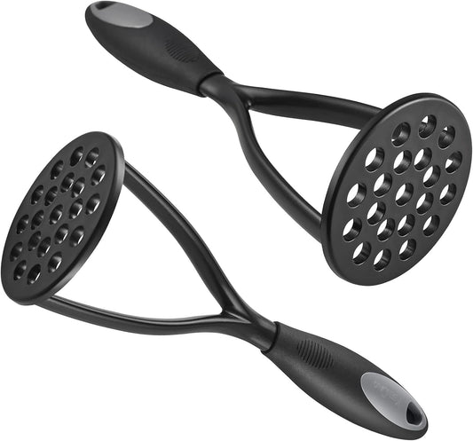KSENDALO Nylon Potato Masher Set of 2, Thick Nonstick Food Masher Comfortable Rubber Wrapped Handle European Imported Nylon Blade, Black