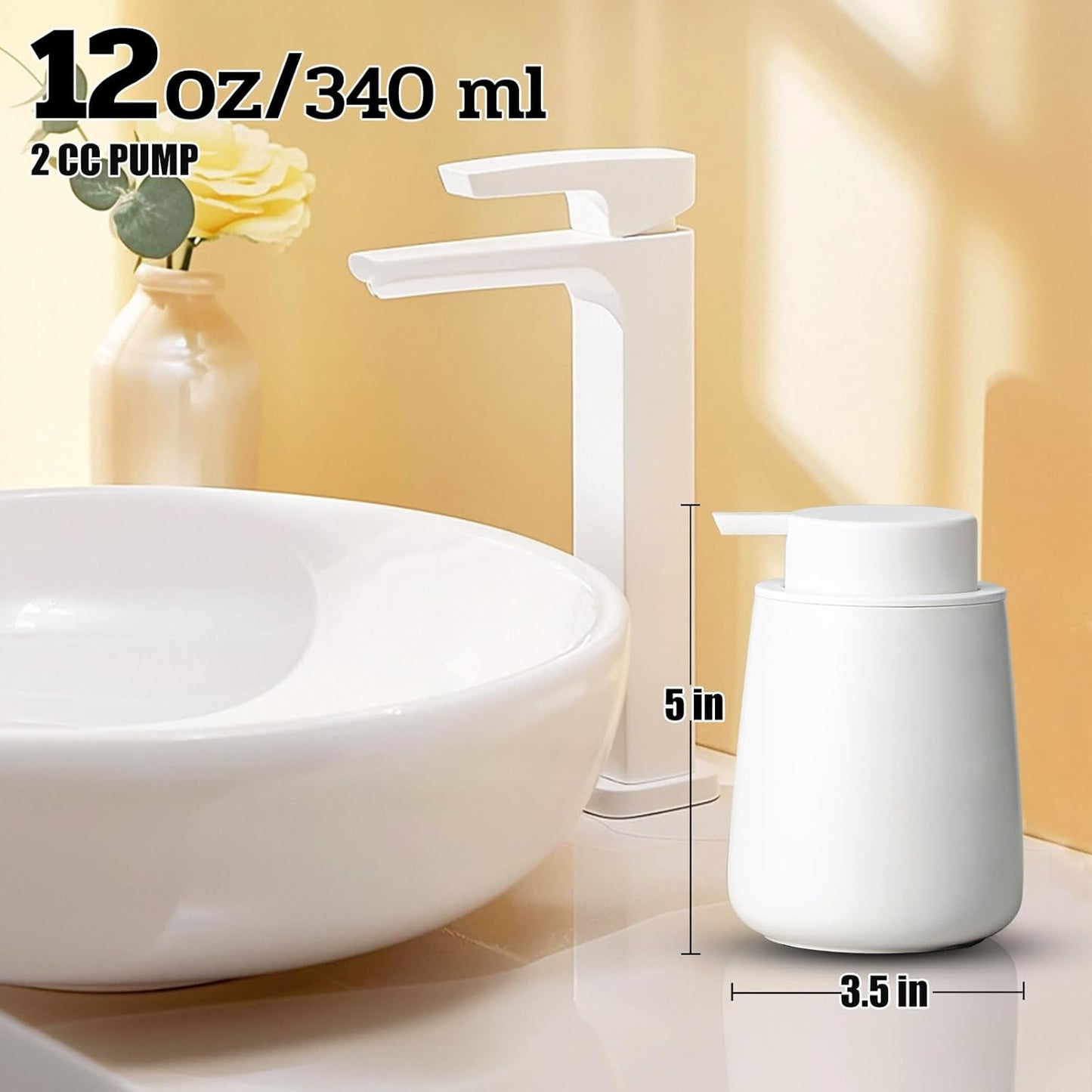 Foaming Soap Dispenser - 12 Oz Ceramic Foam Hand Soap Dispenser for Bathroom, Face Wash Dispenser Bottle with Foaming Pump, Refillable Lotion Dish Soap Foam Dispenser for Kitchen, Matte White