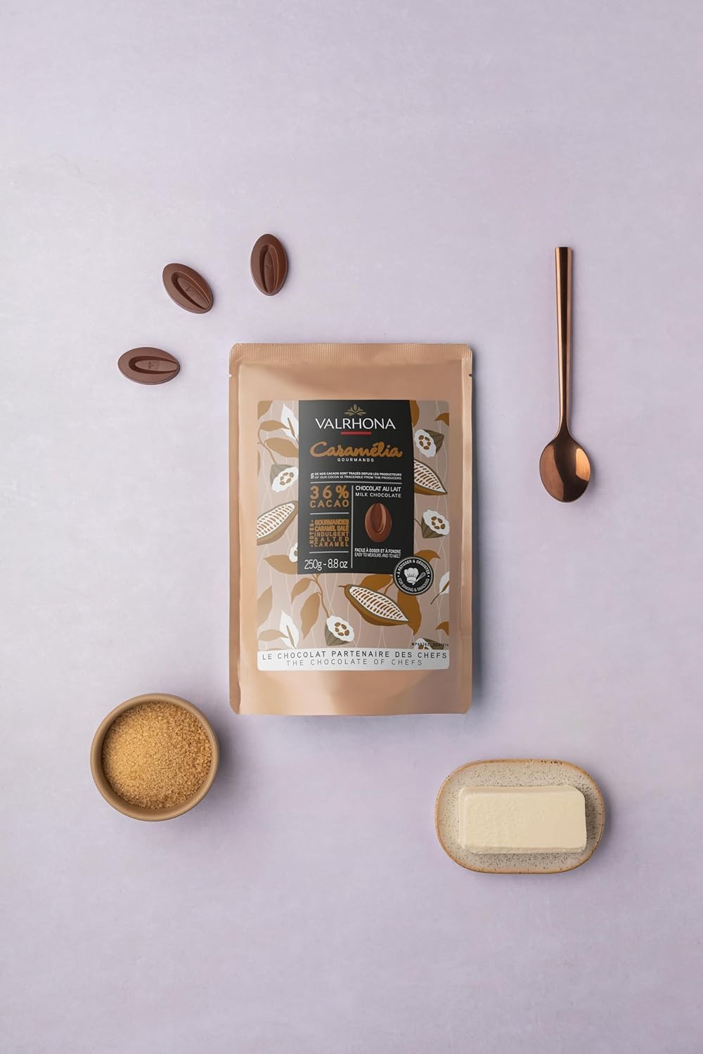 Valrhona Premium Baking Chocolate Discs (Feves), Creamy Milk JIVARA 40% w/Hints of Vanilla and Malt, and CARAMELIA 36% Cacao. Creamy, Caramel, Salted Butter Notes, For Cookies, Cakes, and more