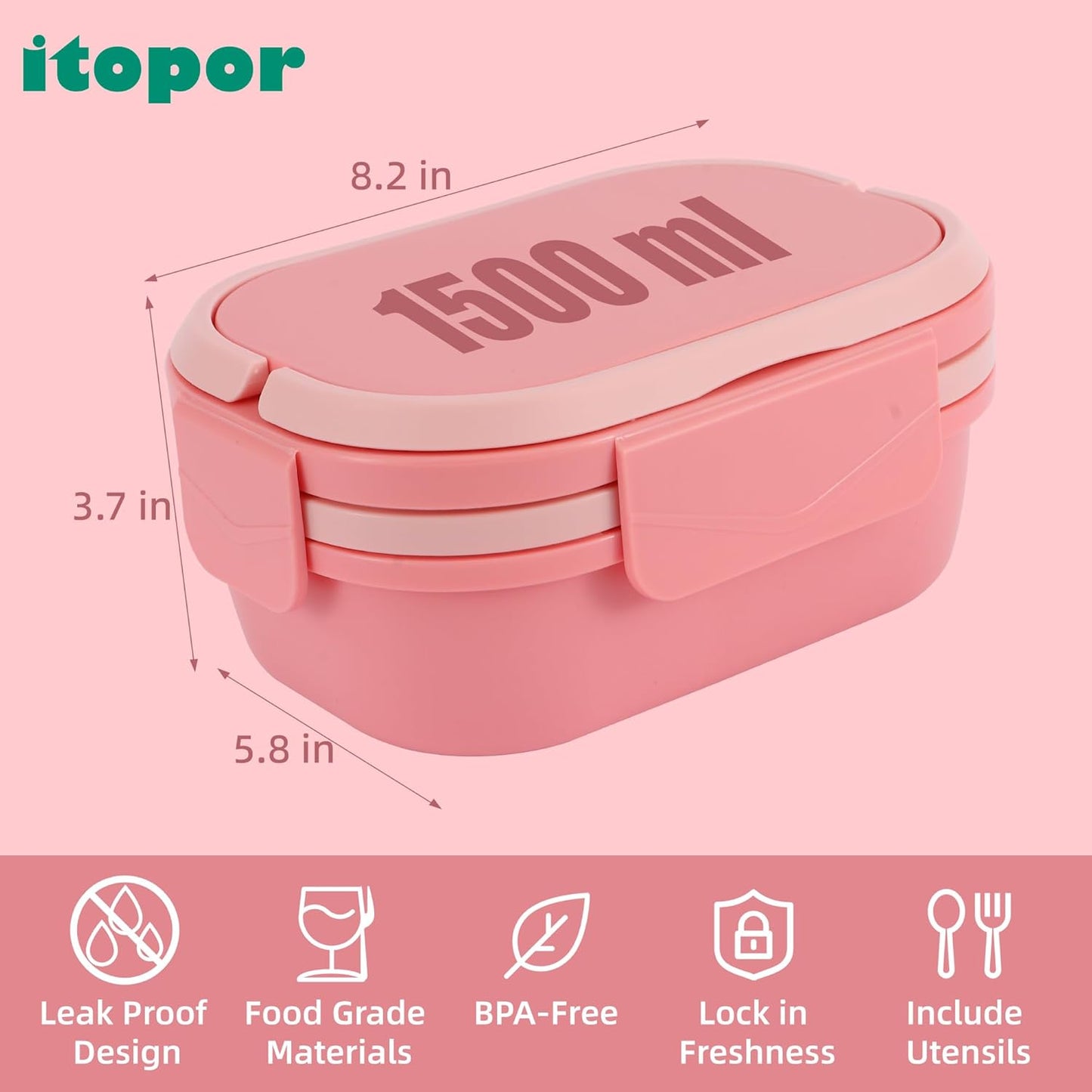 Bento Box Adult Lunch Box with Hidden-Handle, Leak-Proof Lunch Containers for Women & Girls, 2-Layer 5-Compartment 6 Cup with Utensils, Pink
