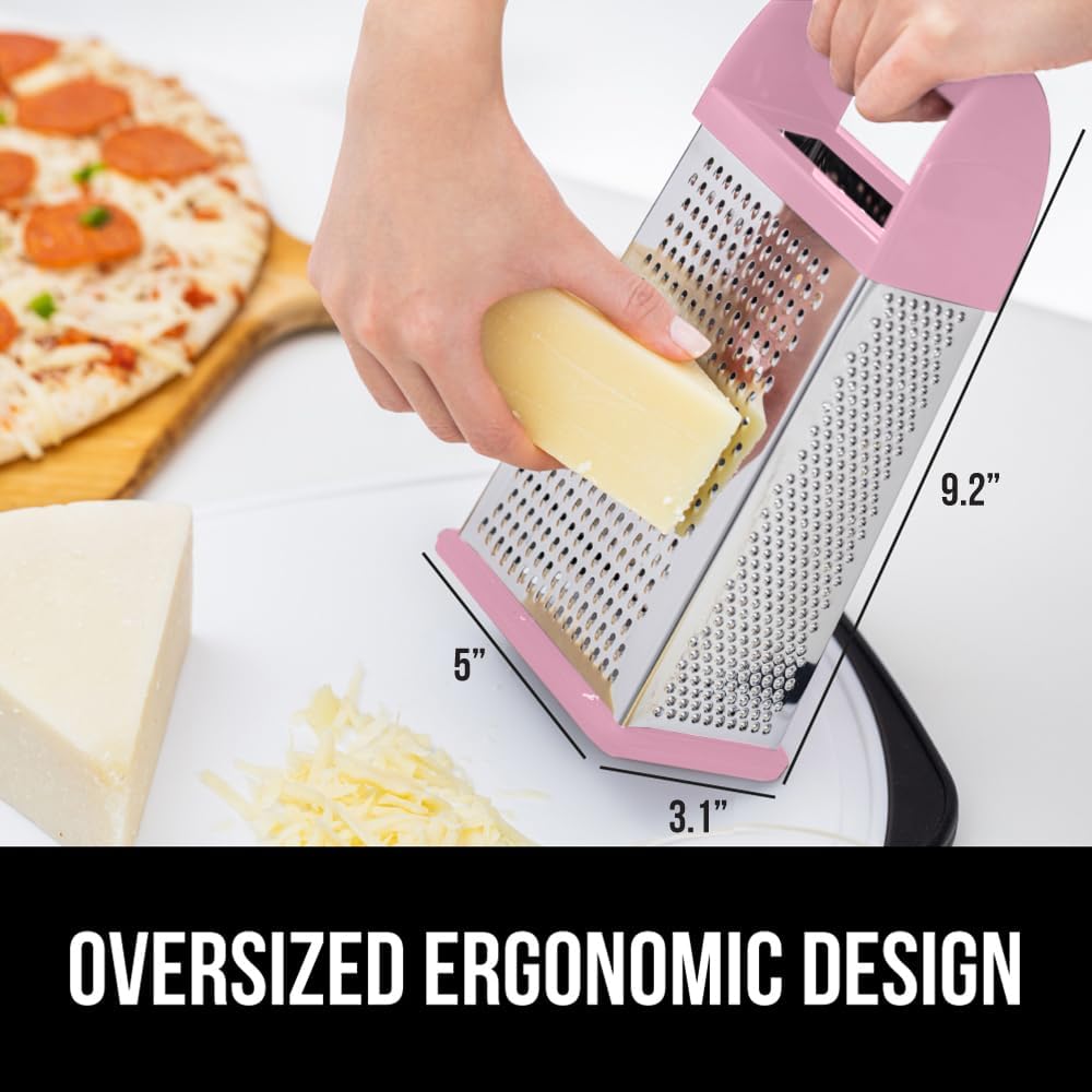 GORILLA GRIP 4-Sided 100% BPA-Free Cheese Grater With Container, Stainless Steel XL Box Graters, Parmesan Shredder, Grate Cheeses, Shred Veggies, Slip Resistant Handle, Dishwasher Safe Zester, Pink