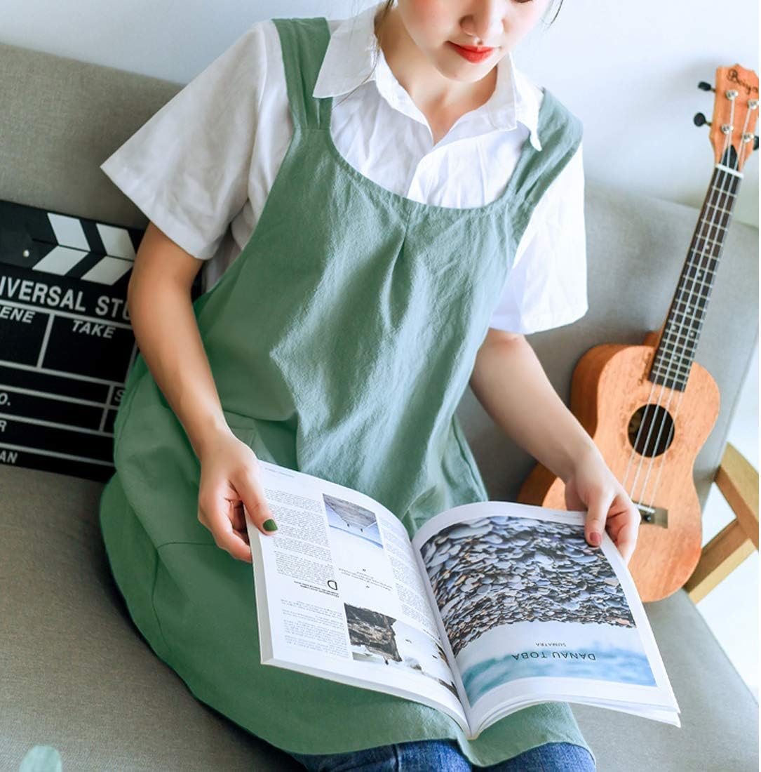 NEWGEM Japanese Linen Cross Back Cooking Aprons for Women Men with Pockets Cute for Baking Kitchen