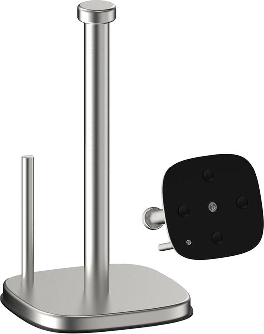 Paper Towel Holder Countertop, Standing Paper Towel Roll Holder for Kitchen Bathroom Organize, Stand with Weighted Base Suction Cups, Stainless Steel One-Handed Operation (Brushed Nickel)