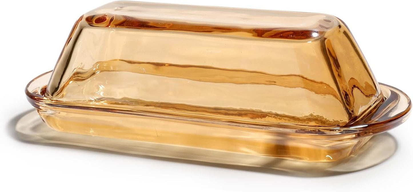 Glass Butter Dish Butter Keeper and Butter Holder for Fridge,Butter Dish with Lid for Countertop,Vintage Container for Counter,Butter Tray on Counter (Amber-7)