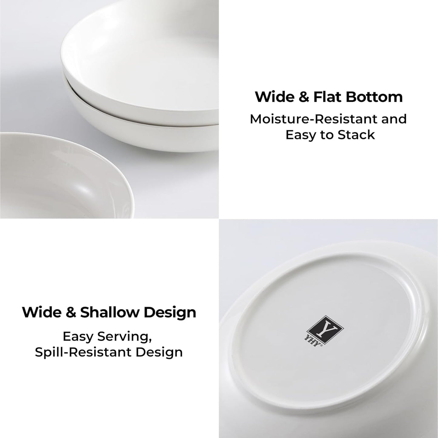 Y YHY Pasta Bowls, 27 Ounces Salad Bowls, Ceramic Serving Bowl Set of 4, 7.8 Inch Porcelain Pastes for Serving Dinner and Salad，Wide and Shallow Bowls Set, Microwave and Dishwasher Safe, White