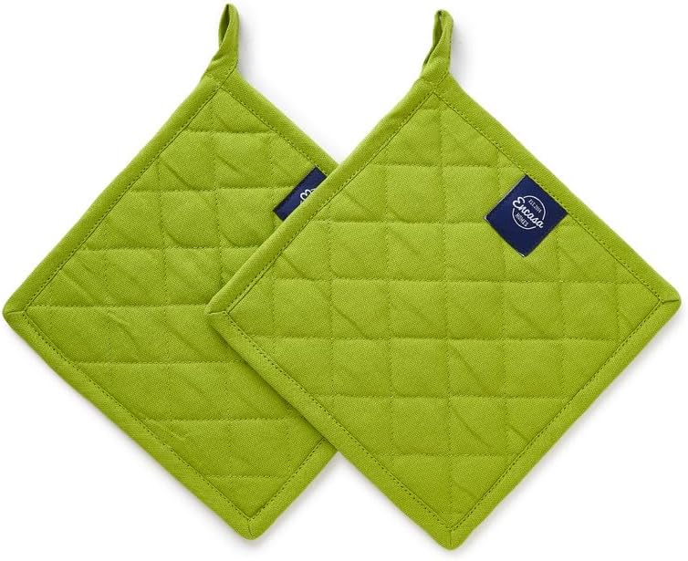 Encasa XO Heat Resistant Cotton Pot Holders with Hanging Loop - Set of 2 - Lime Green - Multipurpose Quilted Everyday Hot Pad for Kitchen, Camping, BBQ & Microwave - 8x8 in