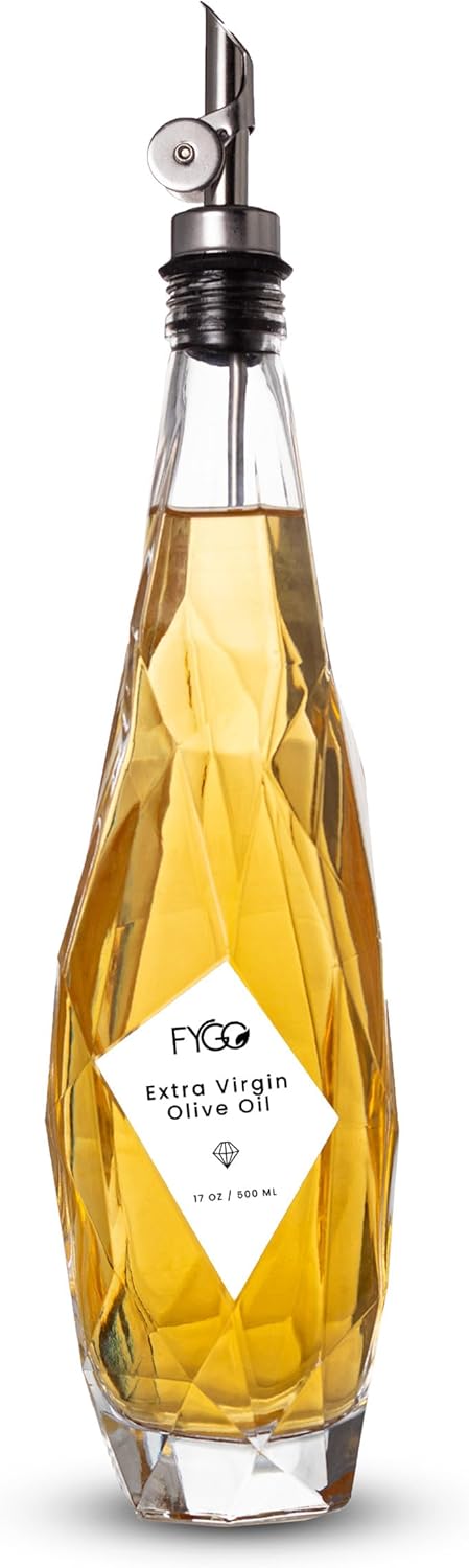 FYGO Diamond Lux Olive Oil Bottle Dispenser - Olive Oil Container- Oil and Vinegar Dispenser Set with Pourer and Funnel - Glass Dispenser Bottle for Kitchen - 500ml - Set of 2