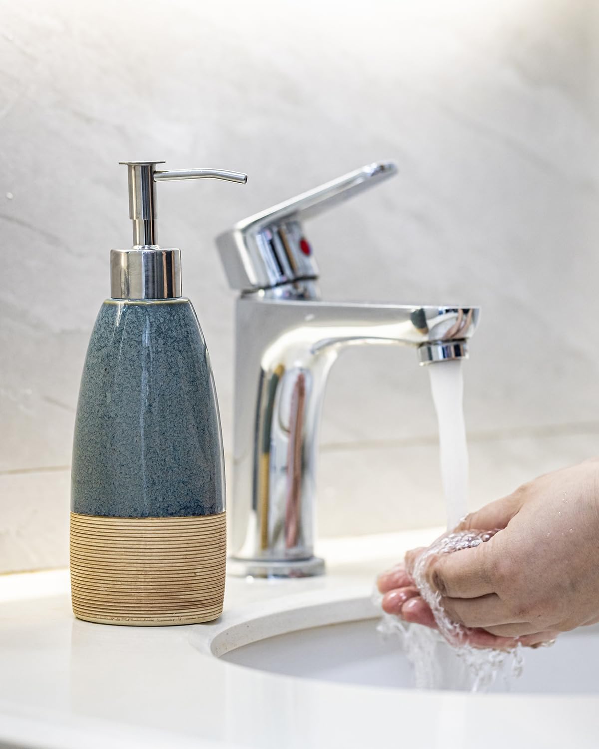 12 oz Dish Soap Dispenser with 2 Pumps, Ceramic Hand Soap Bottle for Shampoo, Body Wash, Lotion, Liquid Dispenser for Kitchen Countertop with Silicone Funnel, Blue