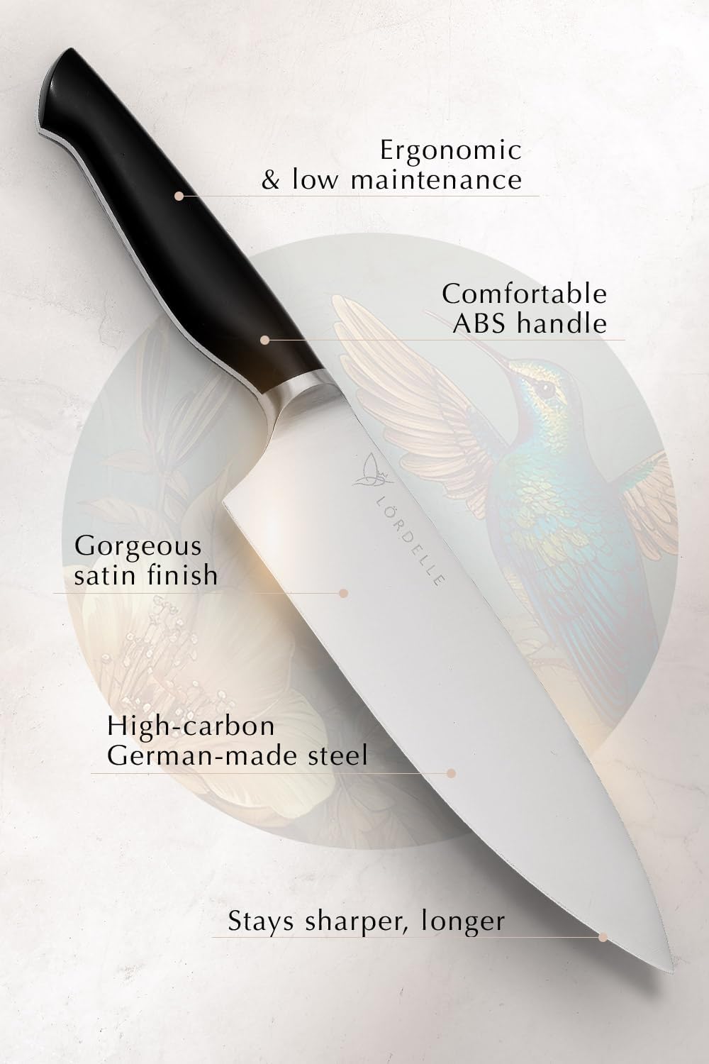 Lordelle Knife Block Set - 5 Piece Set - Black Vintage Ink - Lifestyle Home Kitchen Design - German X50 Stainless Steel - ABS Handle - Ash Wood Block - Cooking Chef Knife, Santoku, Paring, Utility