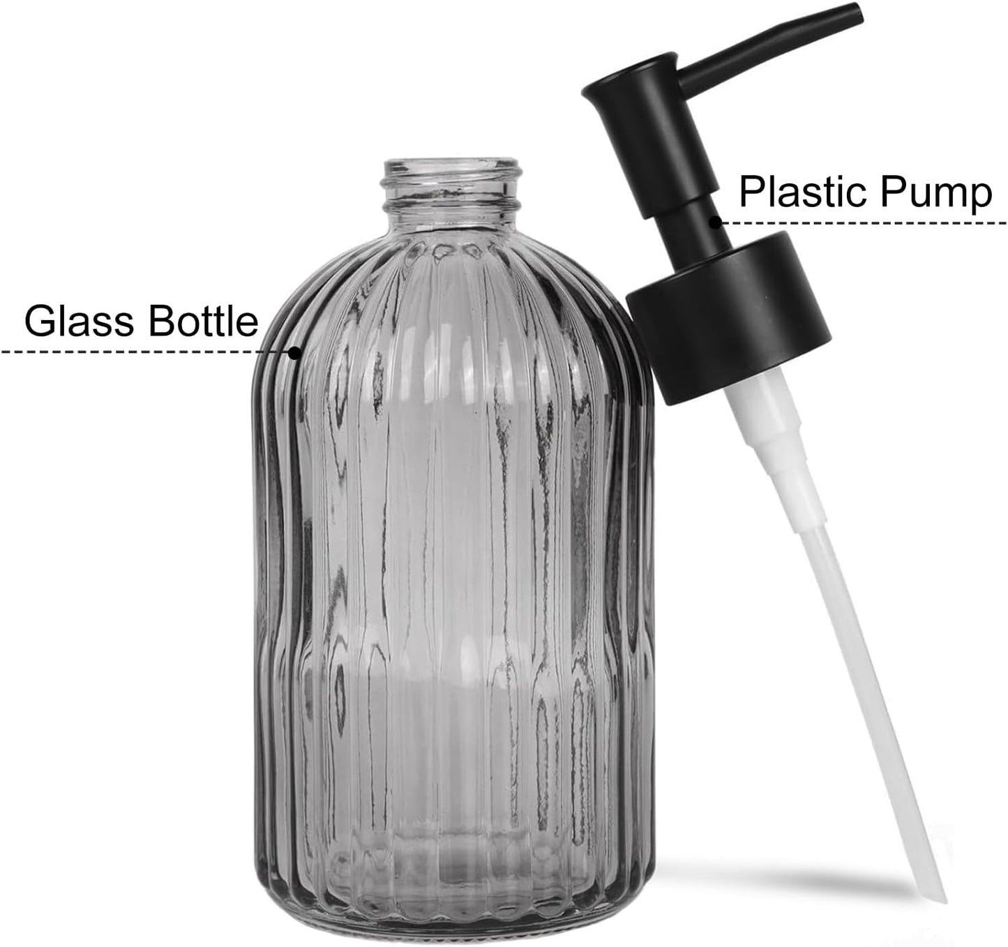 14Oz Black Pump Glass Soap Dispenser, Gray Stripe Countertop Refillable Liquid Bottle Hand Dish Lotion Dispenser with Plastic Pump, for Kitchen, Bathroom