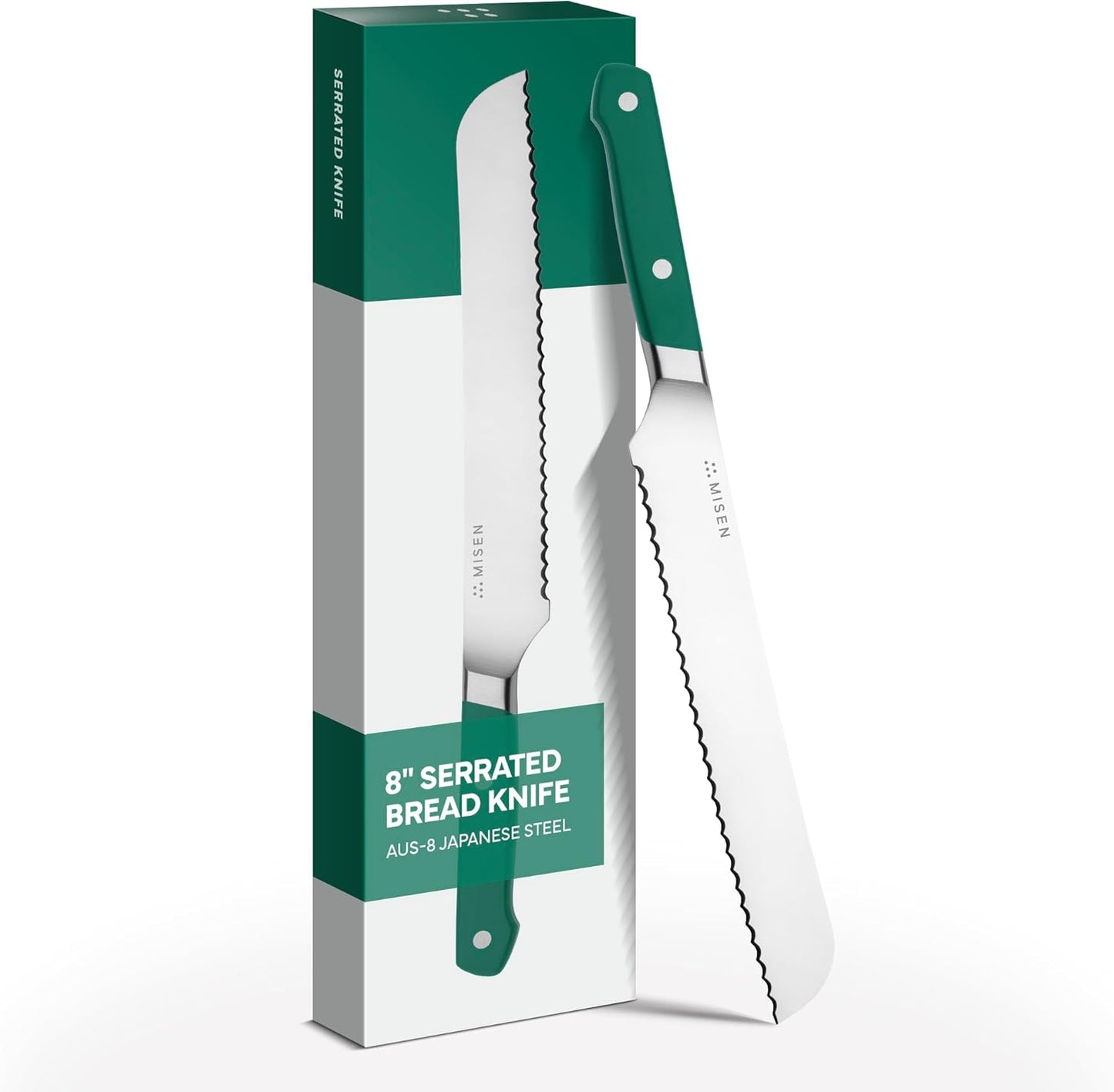 Misen Serrated Bread Knife – High-Carbon Japanese AUS8 Steel – Effortless Slicing of Bread, Pastries, and Fruits – Razor-Sharp Edge and Durable Blade with Ergonomic Handle - 8", Green