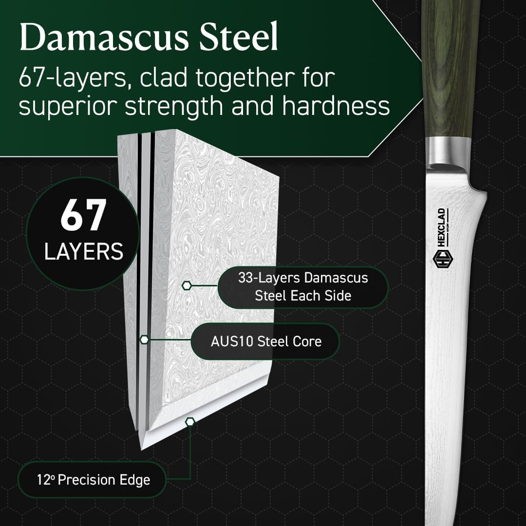 HexClad Boning Knife, 6-Inch Japanese Damascus Stainless Steel Blade, Pakkawood Handle