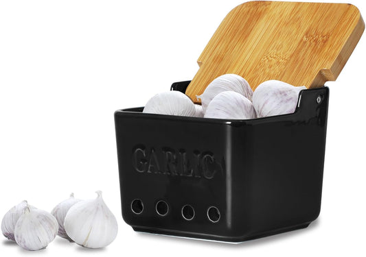 ONTUBE Garlic Keeper with Lid, Ceramic Garlic Holder Storage, Garlic Container for Kitchen, Garlic Saver to Keep Your Garlic Cloves Fresh Longer 4.7-Inch, Black