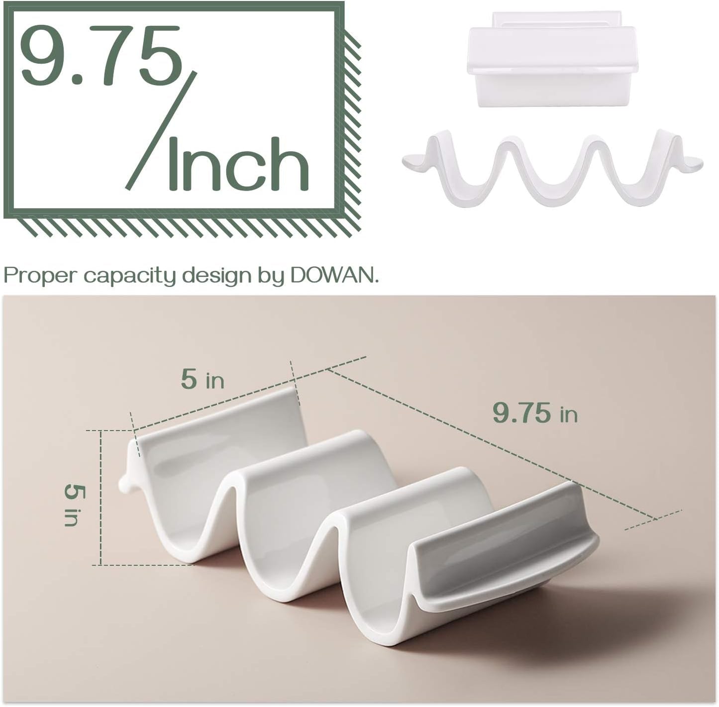 DOWAN Porcelain Taco Holder, 9.75" Large Taco Stand with Handle, Sturdy and Stable, Oven & Microwave & Dishwasher Safe, Safe without Sharp Edge, Taco Trays Holds 3 Taco Shell, Easy to Clean, Set of 2