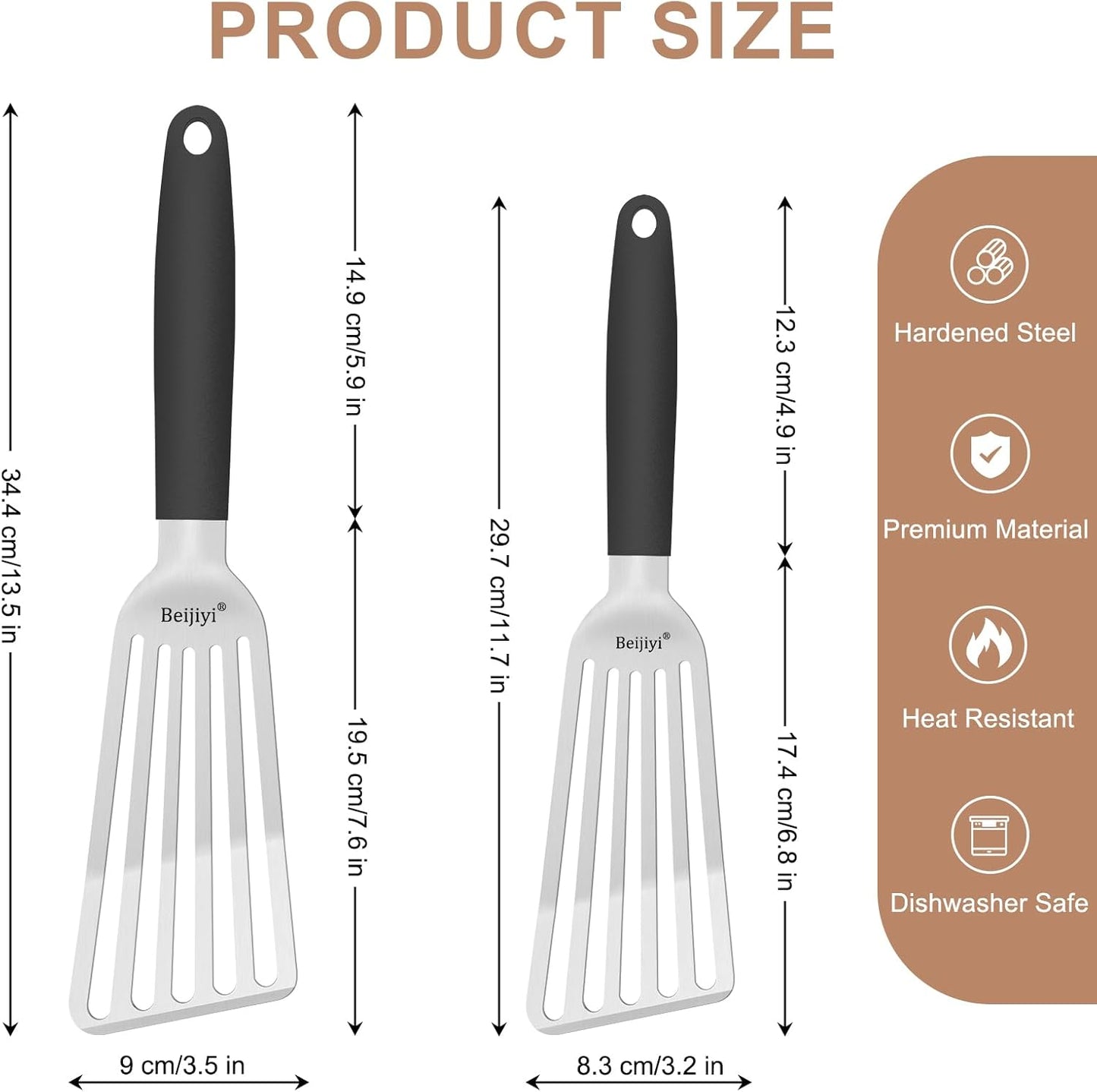 Beijiyi Stainless Steel Fish Spatula Set, 13.5" & 11.7" Metal Spatulas for Kitchen Use, Thin Edge Slotted Fish Turner Spatula for Flipping and Grilling, Cooking Untensils with Silicone Handle