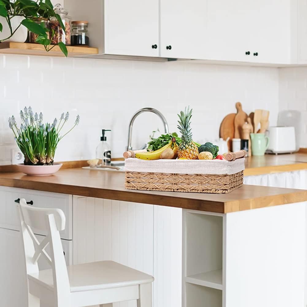 Round Paper Rope Storage Basket, Wicker Baskets for Organizing with Handle, Decorative Bins for Countertop, Toilet Paper Basket for Toilet Tank Top, Small Baskets Set (Set of 2,Beige)