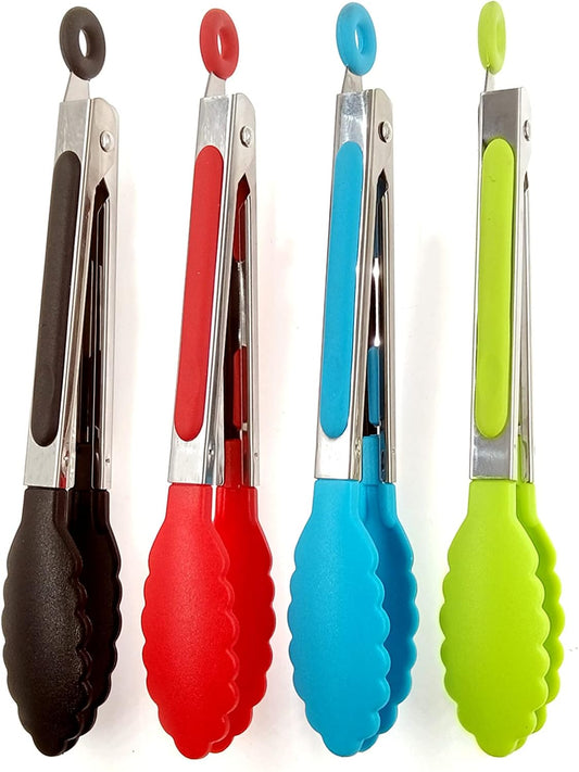 4Pcs Silicone Tongs, Kitchen Tongs 7” Non-slip & Easy Grip Stainless Steel Handle - Smart Locking Clip - Heat Resistant, Food Grade