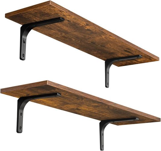 DINZI LVJ Long Wall Shelves, 23.6 Inch Wall Mounted Shelves Set of 2, Easy-to-Install, Wall Storage Ledges with Sturdy Metal Brackets for Living Room, Bathroom, Bedroom, Kitchen, Rustic Brown