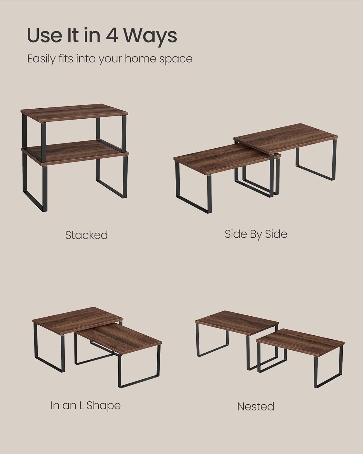 SONGMICS Cabinet Organizer Shelf, Set of 2 Kitchen Counter Shelves, Kitchen Storage, Spice Rack, Stackable, Expandable, Metal and Engineered Wood, Natural Walnut and Matte Black UKCS020K01