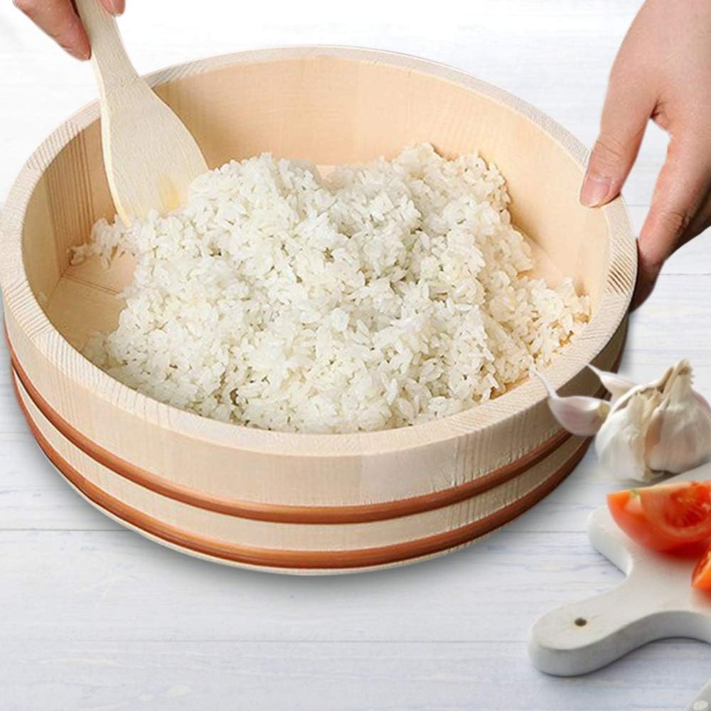 Kichgather 10.6 Inch Wooden Sushi Rice Bowl Hangiri Sushi Oke Rice Mixing Tub