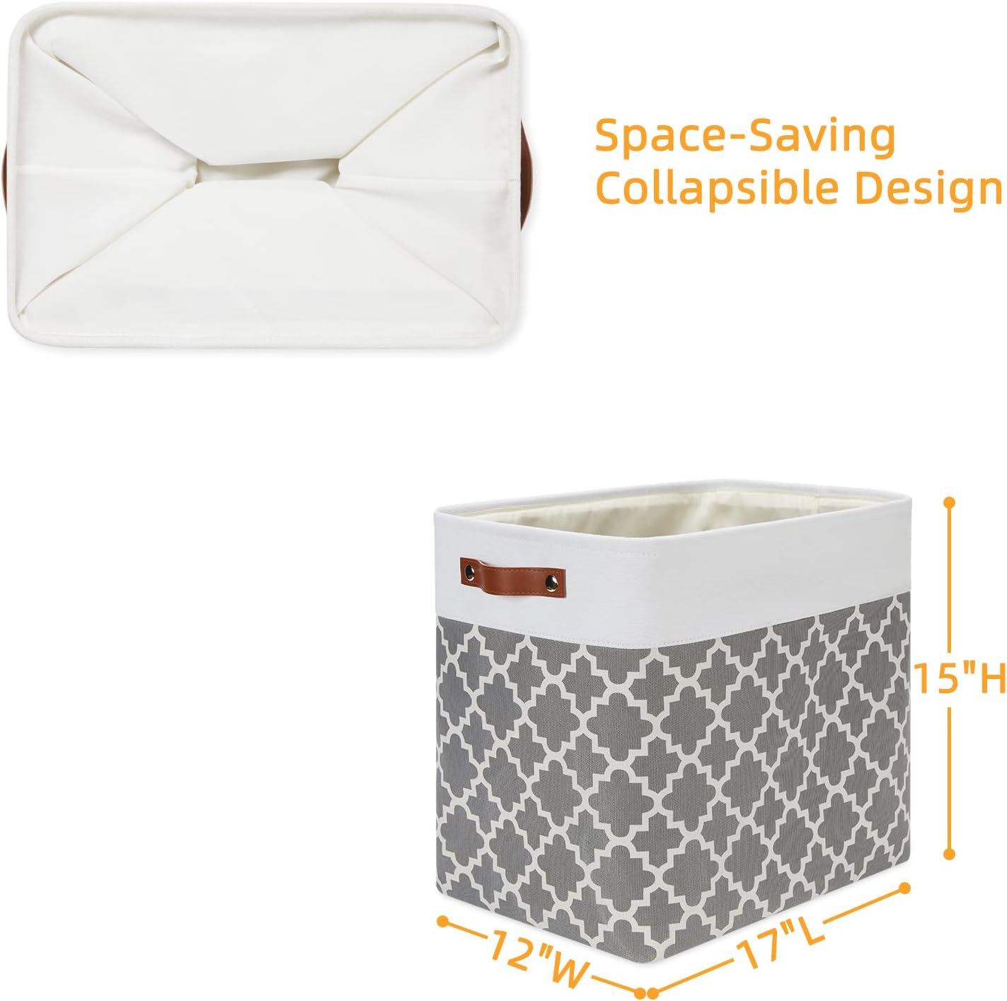DULLEMELO Storage Baskets Large 17"x12"x15" Foldable Rectangular Storage Bins Baskets for Organizing [2 Pack] Fabric Nursery Storage Baskets for Home,Office,Closet,Clothes,Toys (White&Lattice Grey)