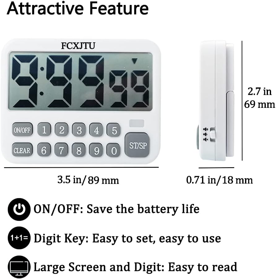FCXJTU Digital Kitchen Timer, Large Display Countdown/Up Timer with Digits Directly Input, Fast Setting, Loud Alarm, ON/Off, Magnetic Back Stand for Cooking, Baking, Study