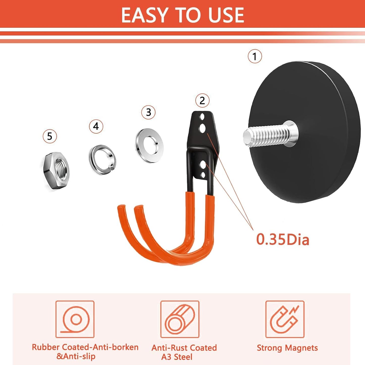 Large Heavy Duty Magnetic Garage Hooks,4 Pack Strong Magnet Hook for Power Drill,Garden Tools,Hose,Pegboard,Garage, Workshop,Magnetic Storage Hooks for Indoor Outdoor Hanging(Orange)