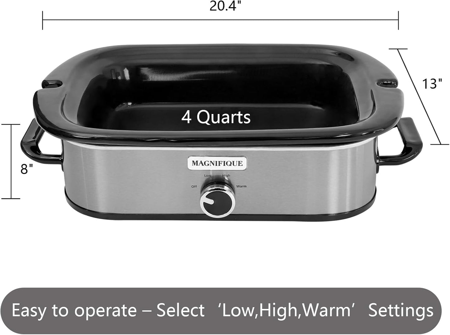 Magnifique 4-Quart Slow Cooker with Casserole Manual Warm Setting - Perfect Kitchen Small Appliance for Family Dinners, Dishwasher Safe Crock, Stainless Steel