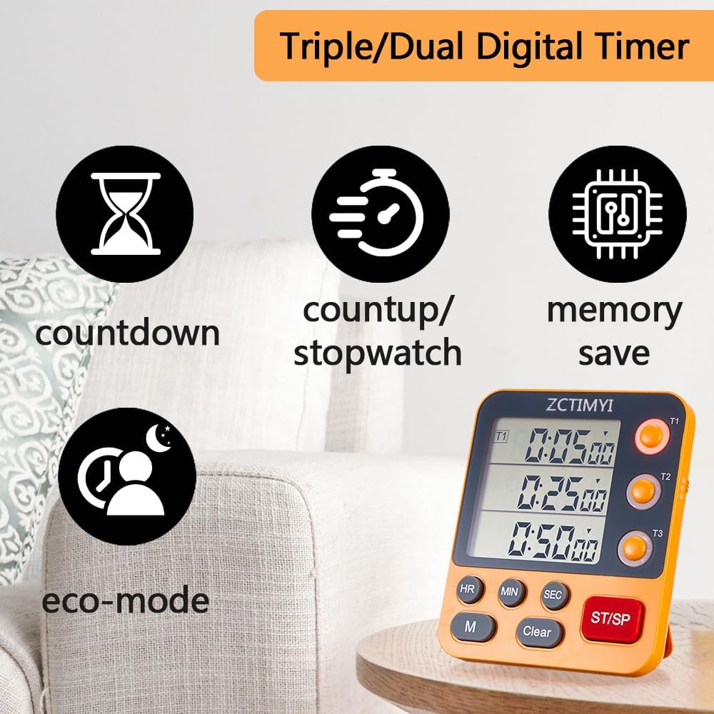 Dual Digital Timer for Kitchen Cooking, 3 Channels Count Down/Up Triple Timer for Kids, Presets Memort Large Display & Magnetic Back Adjustable Alarm Volume, Suit for Kids Teachers Studying, Blue