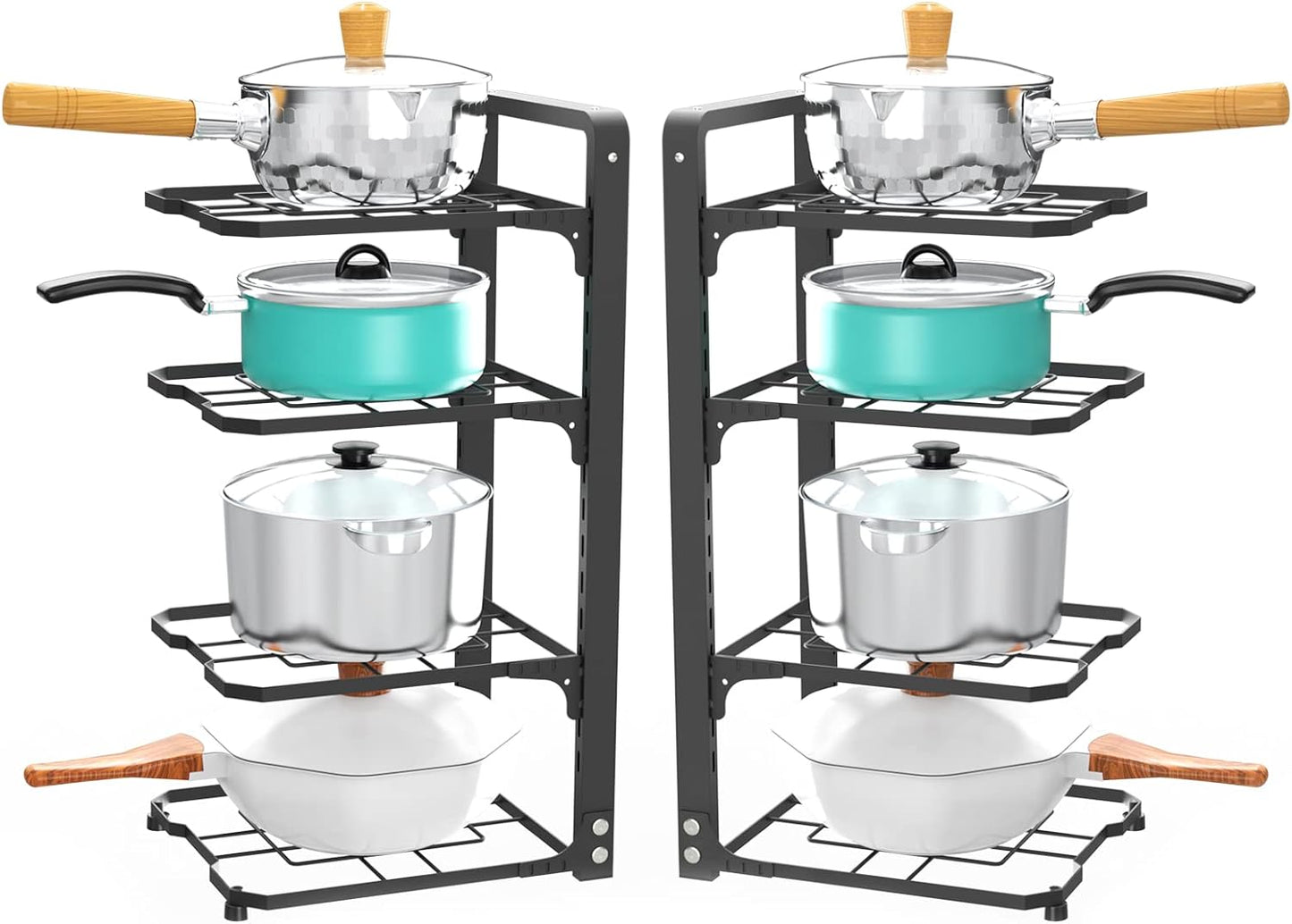 2 Pack Pot and Pan Organizer Rack, Heavy Duty Carbon Steel, Adjustable Tiers, Rustproof, Space Saver