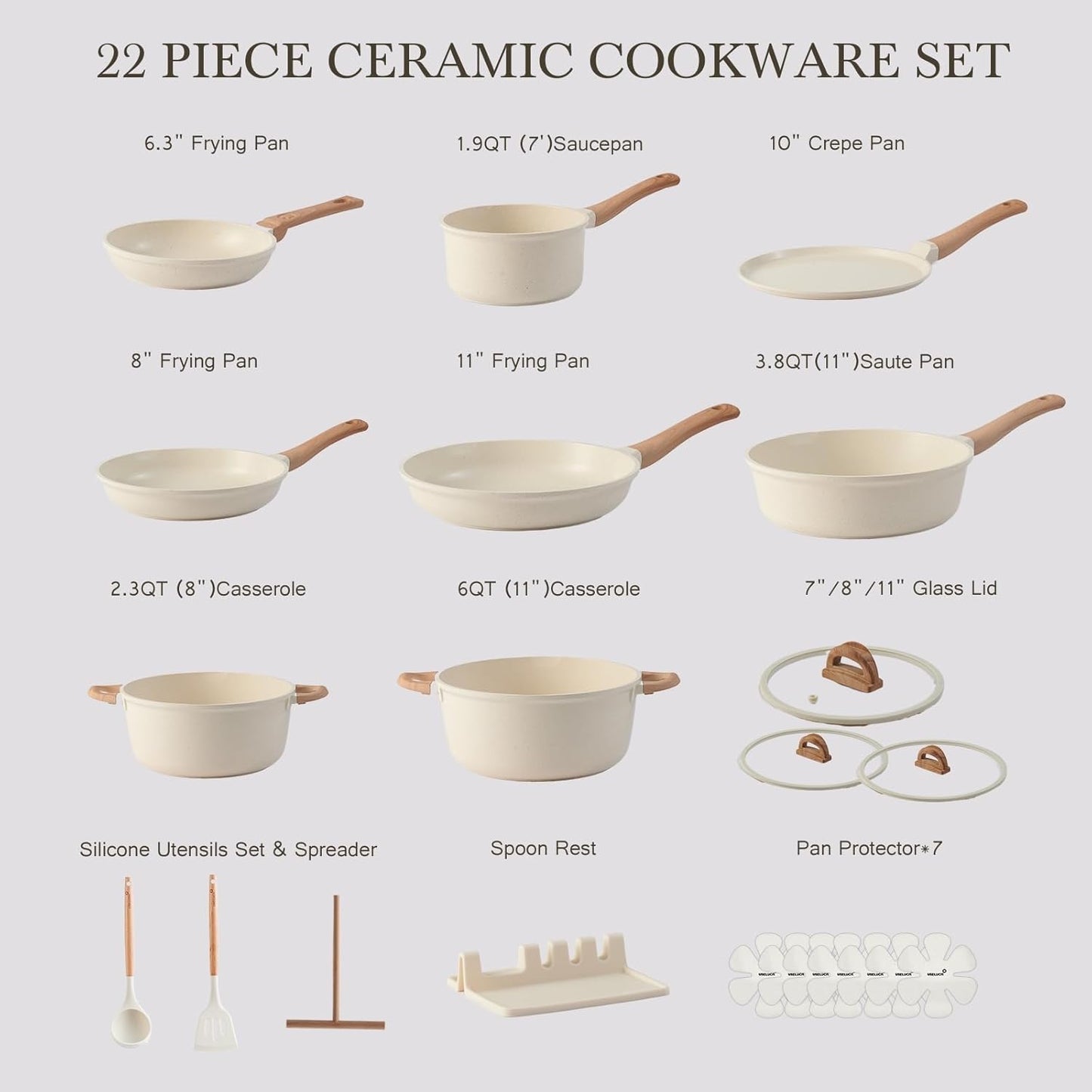 22 Pcs Pots and Pans Set Non Stick Non-Toxic Ceramic Kitchen Cookware Sets Nonstick Pot&Pan With Lid Cream White Granite Induction Compatible with Glass Lids Crepe