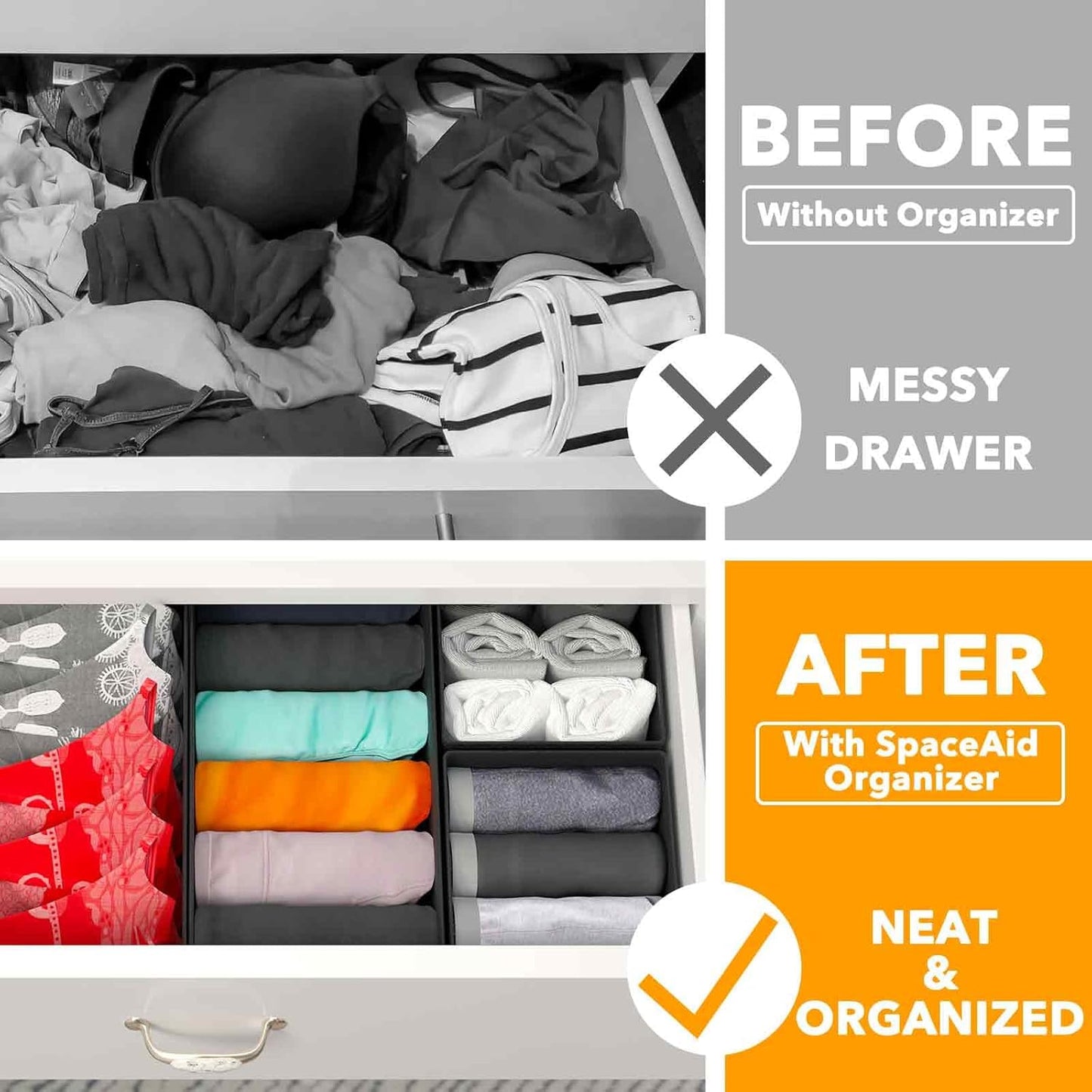 SpaceAid Drawer Organizer for Clothes, 18 Pack Dresser Drawer Organizer Bins, Closet Organizers and Storage Dividers for Clothing, Underwears, Socks (Black)