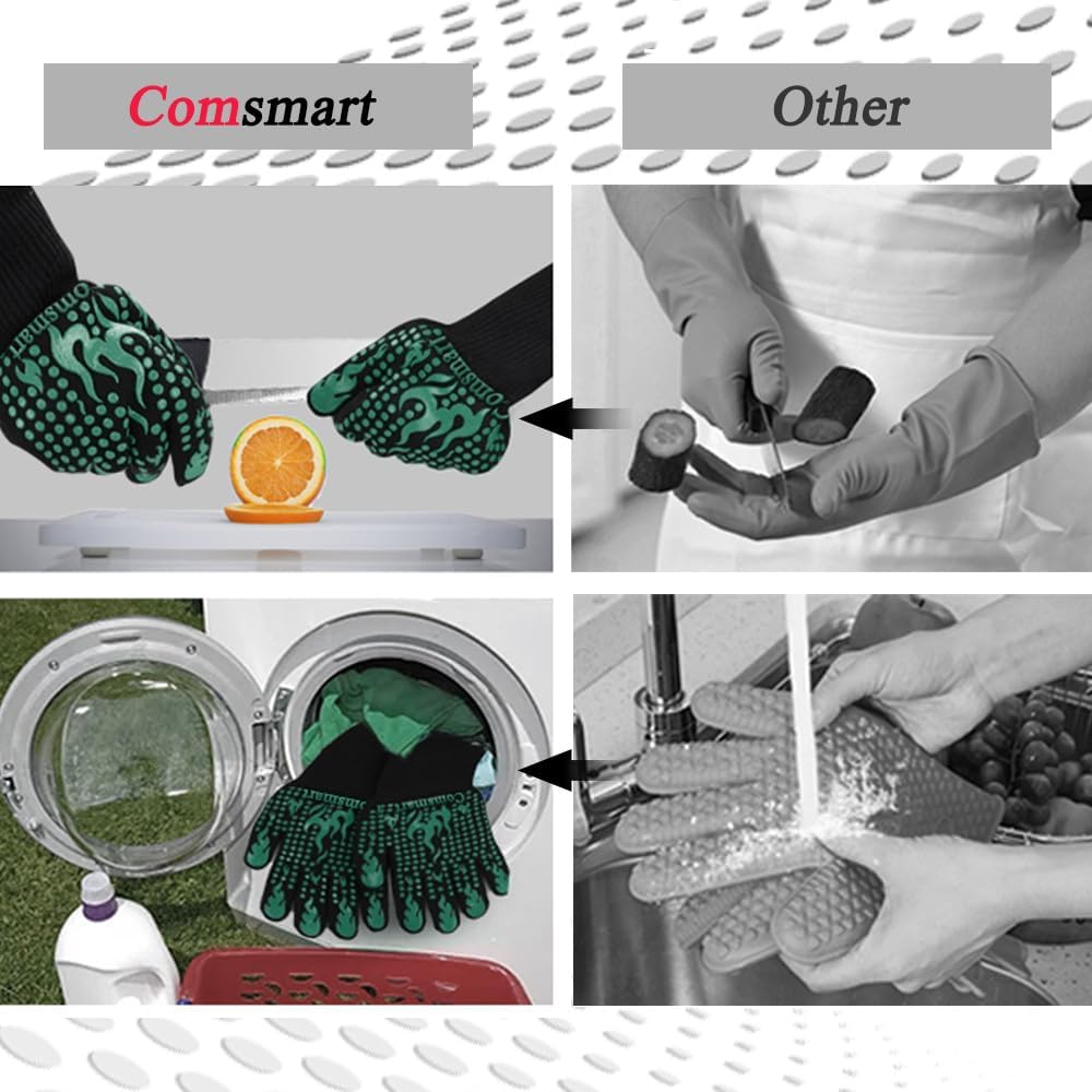 Comsmart BBQ Gloves, 1472°F Heat Resistant Grilling Gloves Silicone Non-Slip Oven Gloves Long Kitchen Gloves for Barbecue, Cooking, Baking, Short, Green