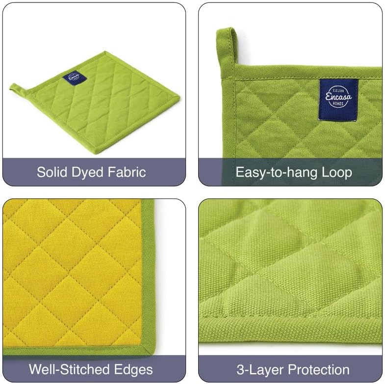 Encasa XO Heat Resistant Cotton Pot Holders with Hanging Loop - Set of 2 - Lime Green - Multipurpose Quilted Everyday Hot Pad for Kitchen, Camping, BBQ & Microwave - 8x8 in
