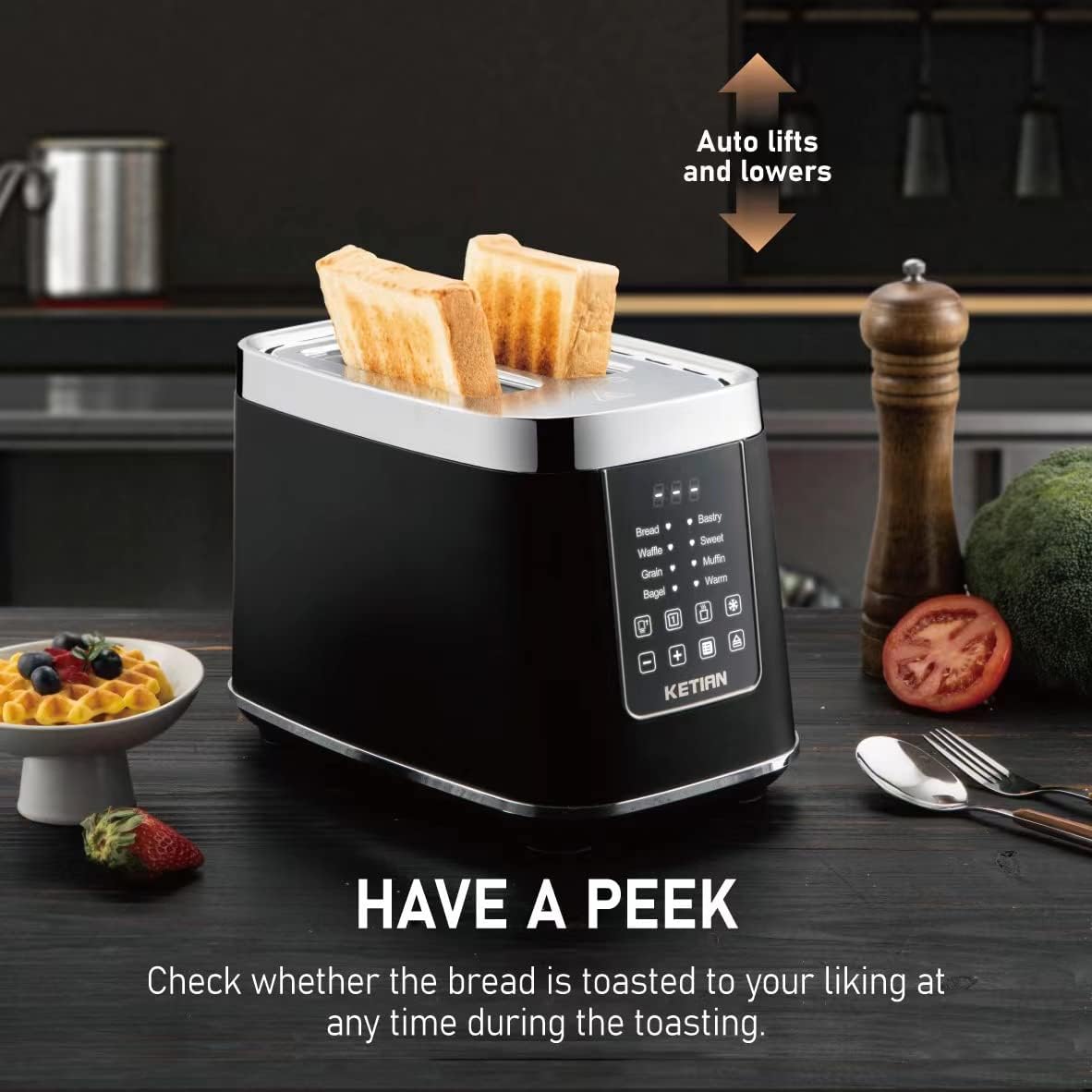 Smart Toaster Touchscreen, KETIAN Automatic Electric Digital Toaster 2 Slice, 7 Browning Settings, Preset Modes for 7 Types of Bread, 1400W