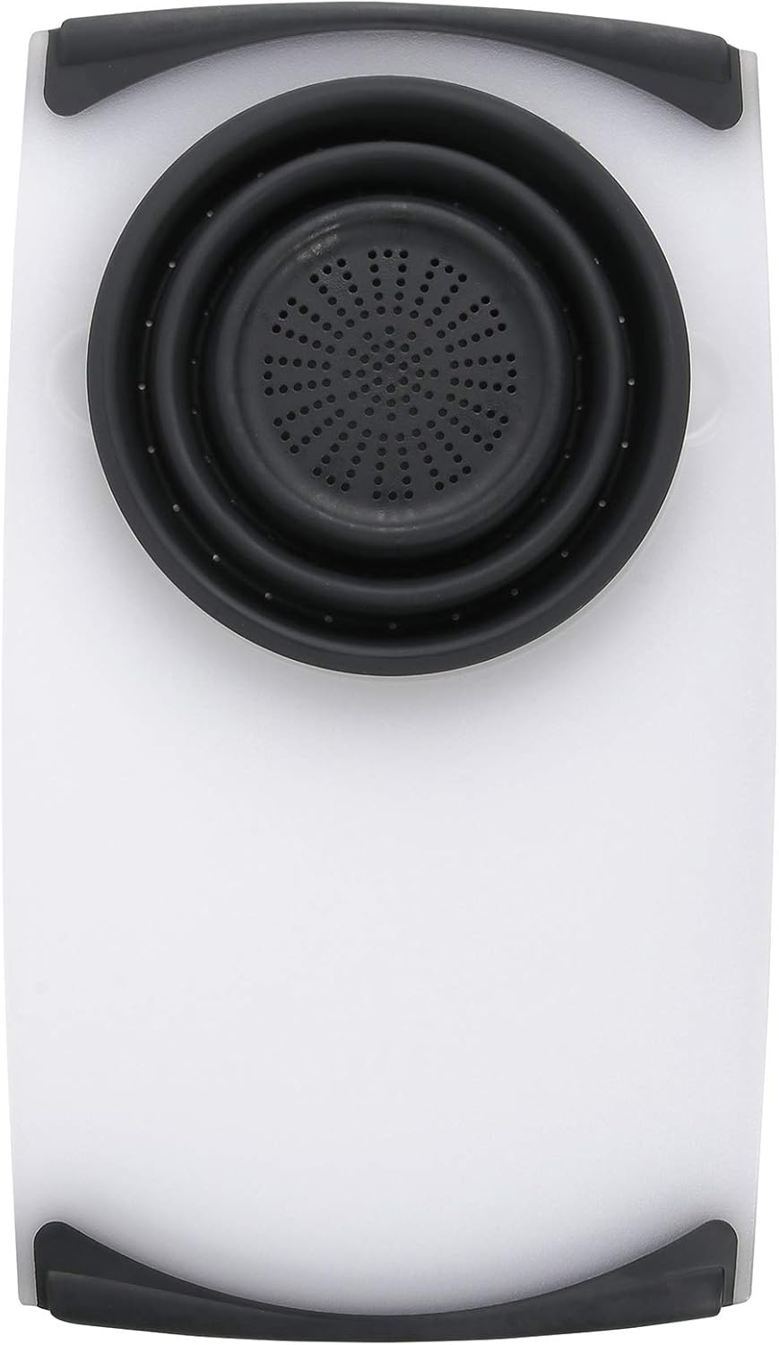 Dexas Over the Sink Poly Cutting Board with Collapsible Colander Strainer, 11.5 x 20", Natural/Gray