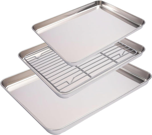 KEKEGO 4-piece set Multipurpose 304 Stainless Steel Baking Tray with Cooling Rack, 10/12/16 Inch,Rectangular Pan for Baking, Grilling, Food Prep, Draining, Non Toxic & Heavy Duty & Easy Clean