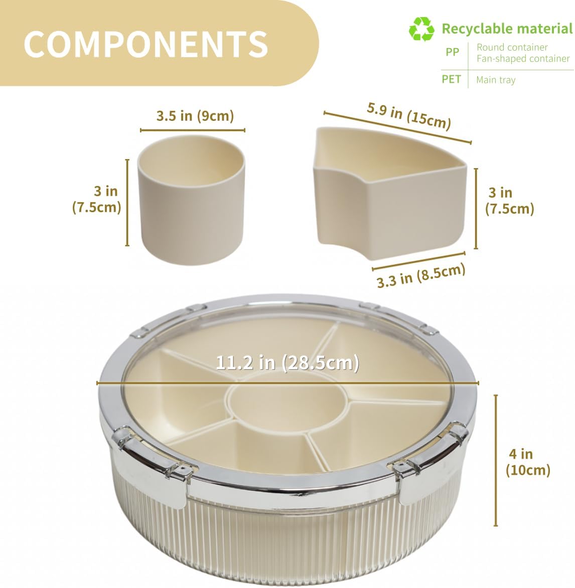 Snackle Box Container, Round Divided Serving Tray with lid 6parts for Veggie, Candy and Nuts Organizer for Travel, Party and Picnic (Cream/Silver)