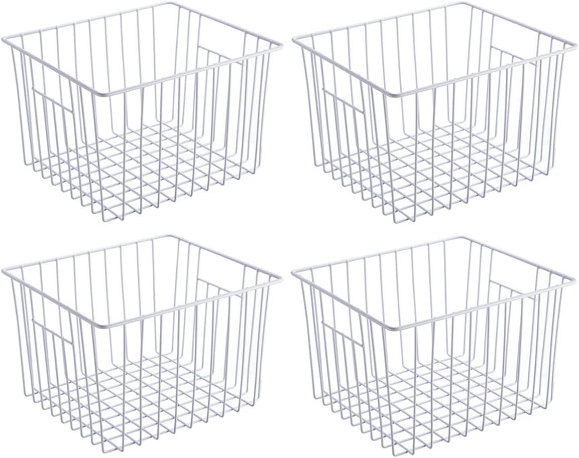 Slideep Freezer Baskets Storage Basket Organizers, Deep Wire Farmhouse Bins Container with Handles for Kitchen, Pantry, Cabinet, Car, Bathroom Pearl White, 4 Pack