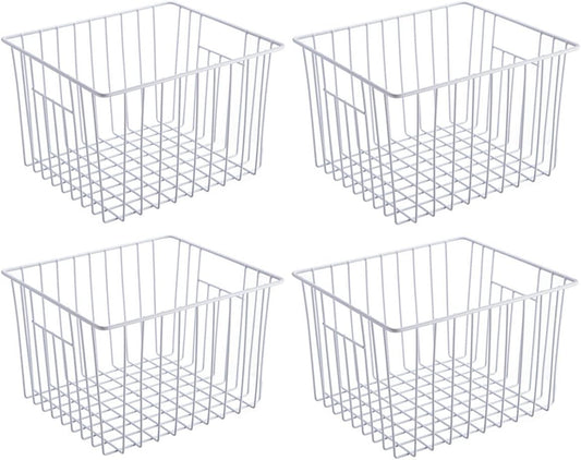 Slideep Freezer Baskets Storage Basket Organizers, Deep Wire Farmhouse Bins Container with Handles for Kitchen, Pantry, Cabinet, Car, Bathroom Pearl White, 4 Pack