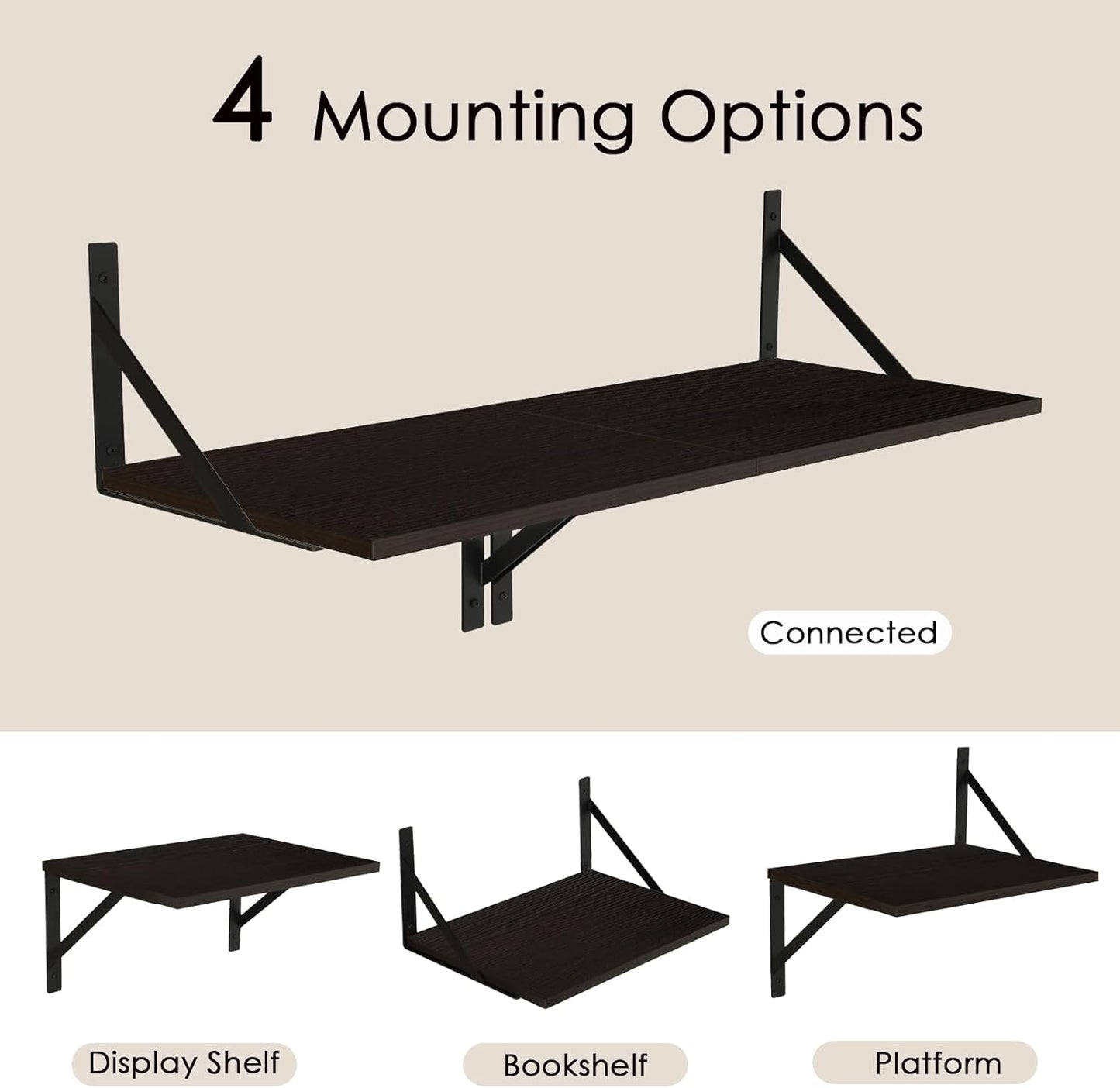 DINZI LVJ Deep Floating Shelves, 16" W x 12" D Wall Shelves Set of 2, Wide Display Shelf Wall Mounted with Brackets, Easy-to-Install Wall Bookshelf for Living Room, Bathroom, Bedroom, Espresso