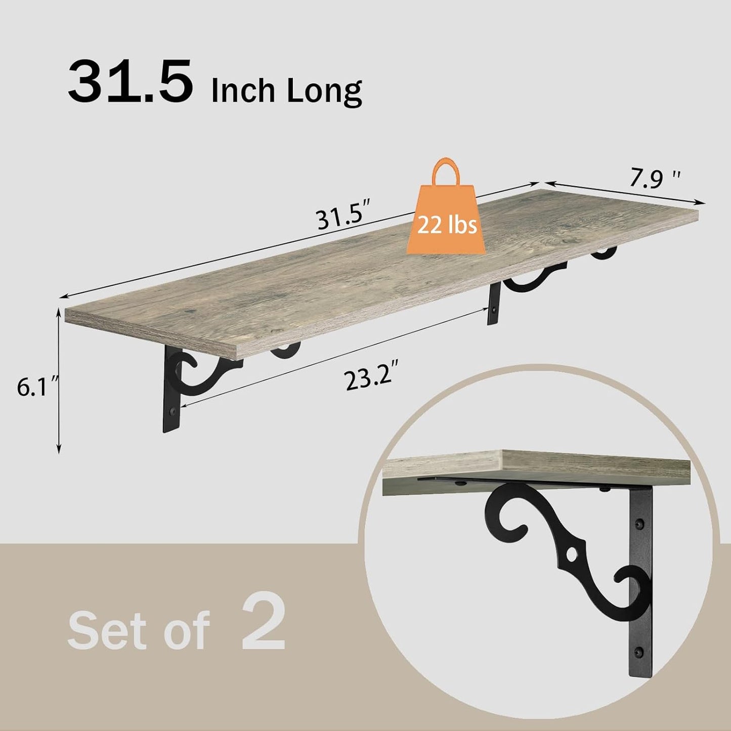 DINZI LVJ Long Wall Shelves, 31.5 Inch Large Floating Shelves Set of 2, Wide Display Shelf Wall Mounted with Brackets, Easy Hanging for Living Room, Toilet, Office, Bedroom, Gray Wash