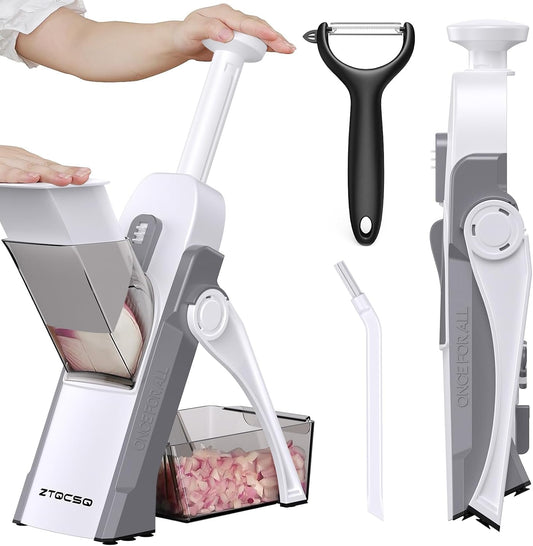 Safe Mandoline Slicer for Kitchen, Meal Prep, Potato Slicer, Adjustable/Easy to Clean/Storage, Kitchen Chopping Artifact, French Fry Cutter, Paring Knife/Cleaning Brush (only Slice, LightGray)