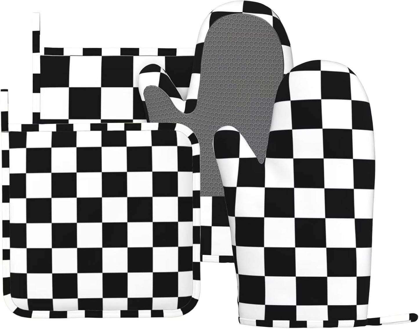 Black White Check Plaid Oven Mitts and Pot Holders Sets Silicone Black and White Checkered Plaid Kitchen Mitts Potholders Heat Resistant 4Pcs Oven Gloves Hot Pads for Cooking Grilling