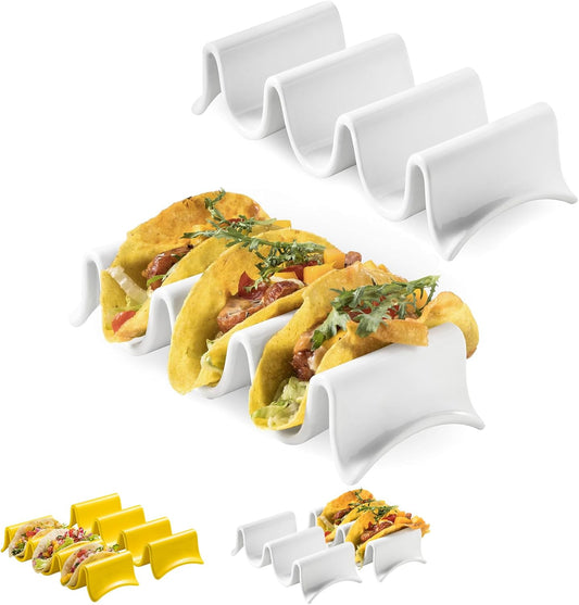 Taco Holders Set of 2, Porcelain Large Taco Tray with Handles, Reusable and Stackable Taco Plates, Perfect for Burritos and Tortillas Holder Handles, Oven & Microwave Safe