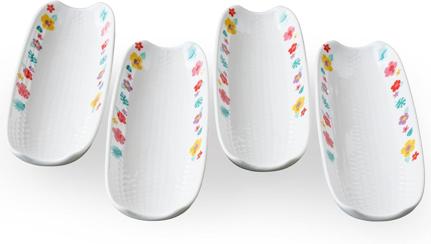 Cinf Ceramic Corn Cob Holders 8.8" Corn Dishes Set of 4 Trays Non-slip Bottom Microwave Dishwasher Oven Safe (Hawaii Flower)