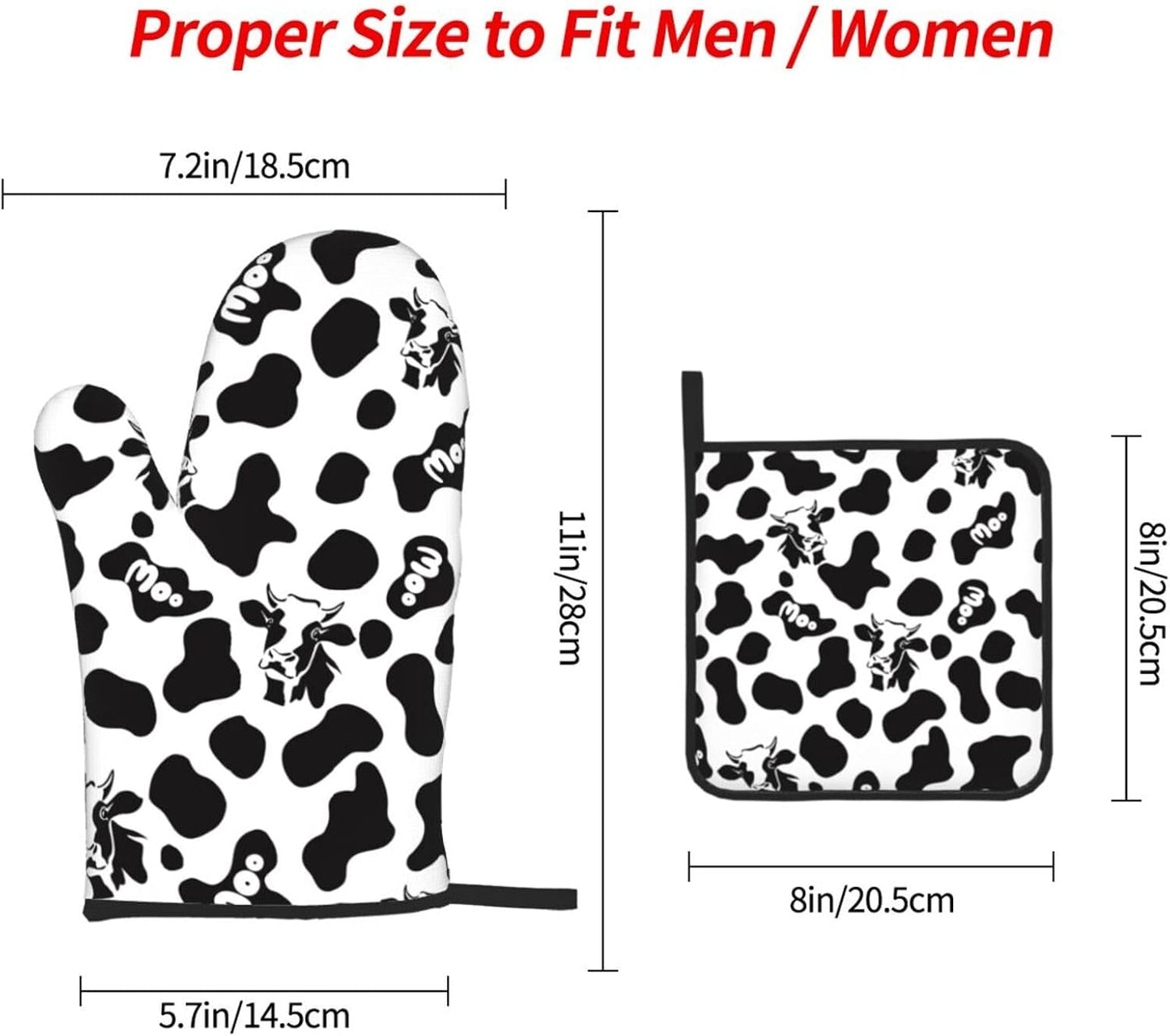 Cow Print Oven Mitts and Pot Holders Sets Heat Resistant for Kitchen BBQ Microwave Baking Grilling Cooks Set of 3 Black White Kitchen Oven Glove