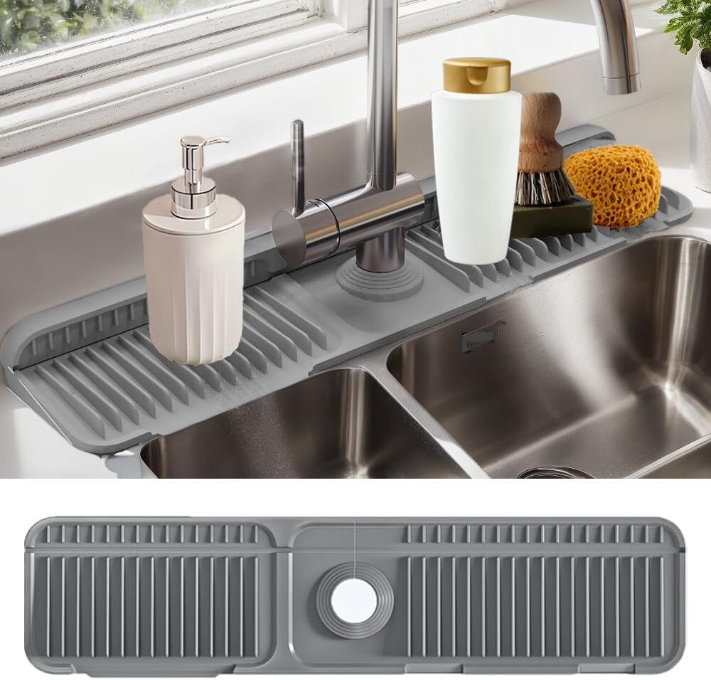 24" Silicone Faucet Mat for Kitchen Sink,Folding Sink Splash Guard Behind Faucet,Fasten Button & 6° Slope Design Faucet Drain Mat for Kitchen and Bathroom,Faucet Draining Mat(Gray）