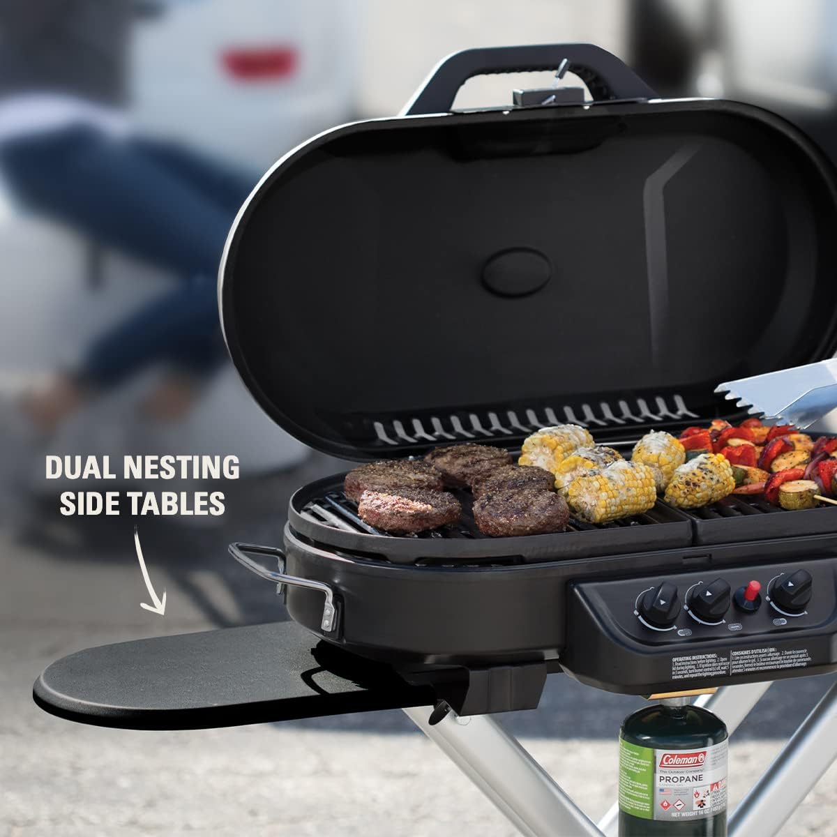 Coleman RoadTrip 285 Portable Stand-Up Propane Grill with 3 Adjustable Burners & Instastart Ignition, 20,000 BTUs of Power for Outdoor Cooking, Camping, Tailgating, Grilling, BBQs, & More