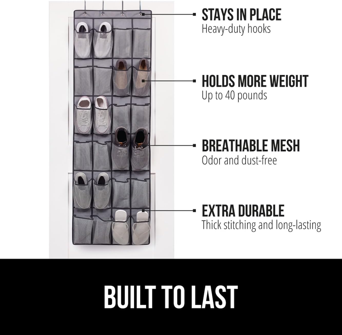 GORILLA GRIP Over the Door Shoe Organizer, 24 Extra Large Breathable Mesh Pockets, Space Saving Hanging Storage Holder, 4 Hook Closet Rack Hanger, Hangs on Closets for Shoes and Accessories, Gray